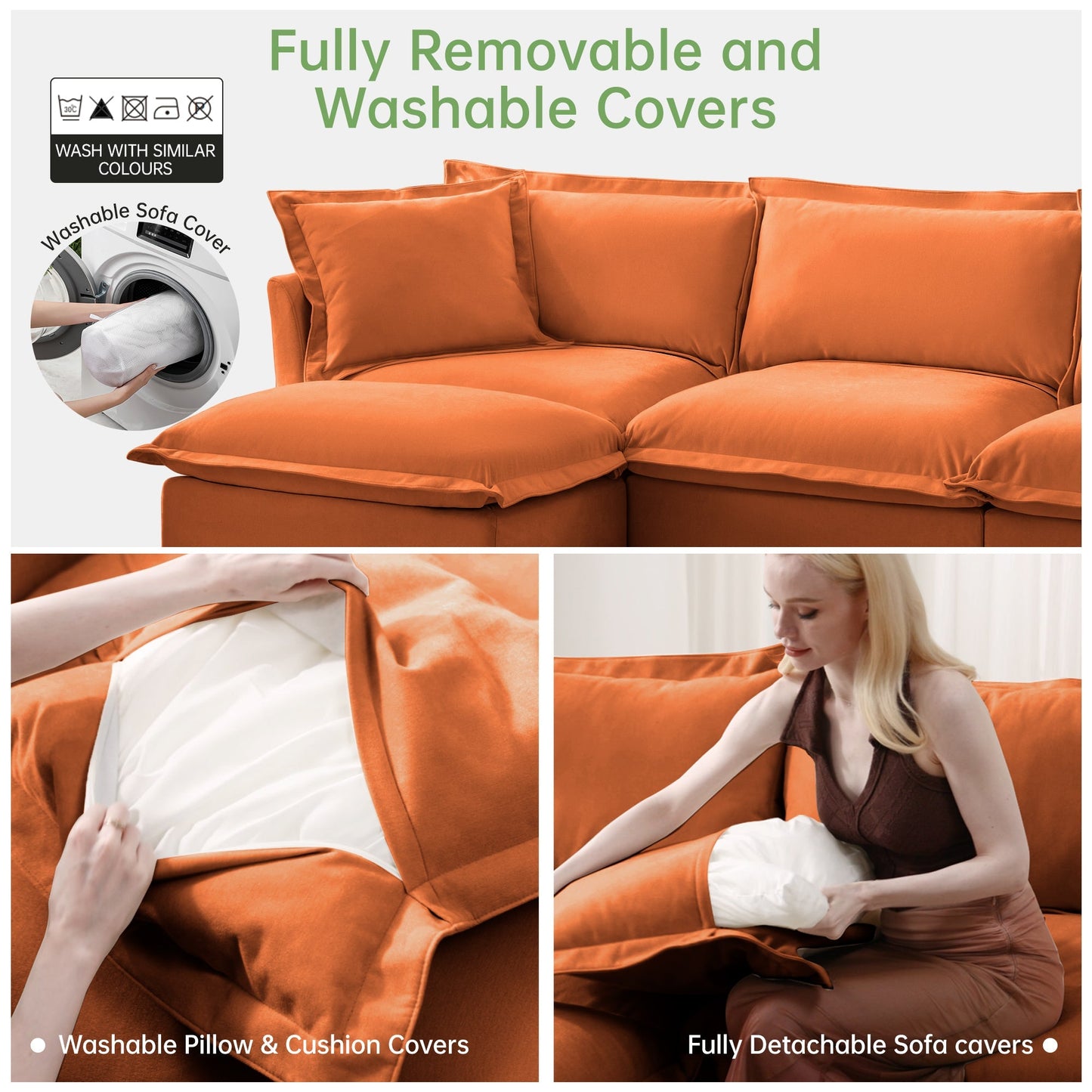 Slipcovered Long Sofa, 4 Seater Sofa with Removable Cover, Extra Deep Couch for Living Room, ,Chenille Fabric Cloud Like Comfy Sofa Couch, Orange Chenille Fabric