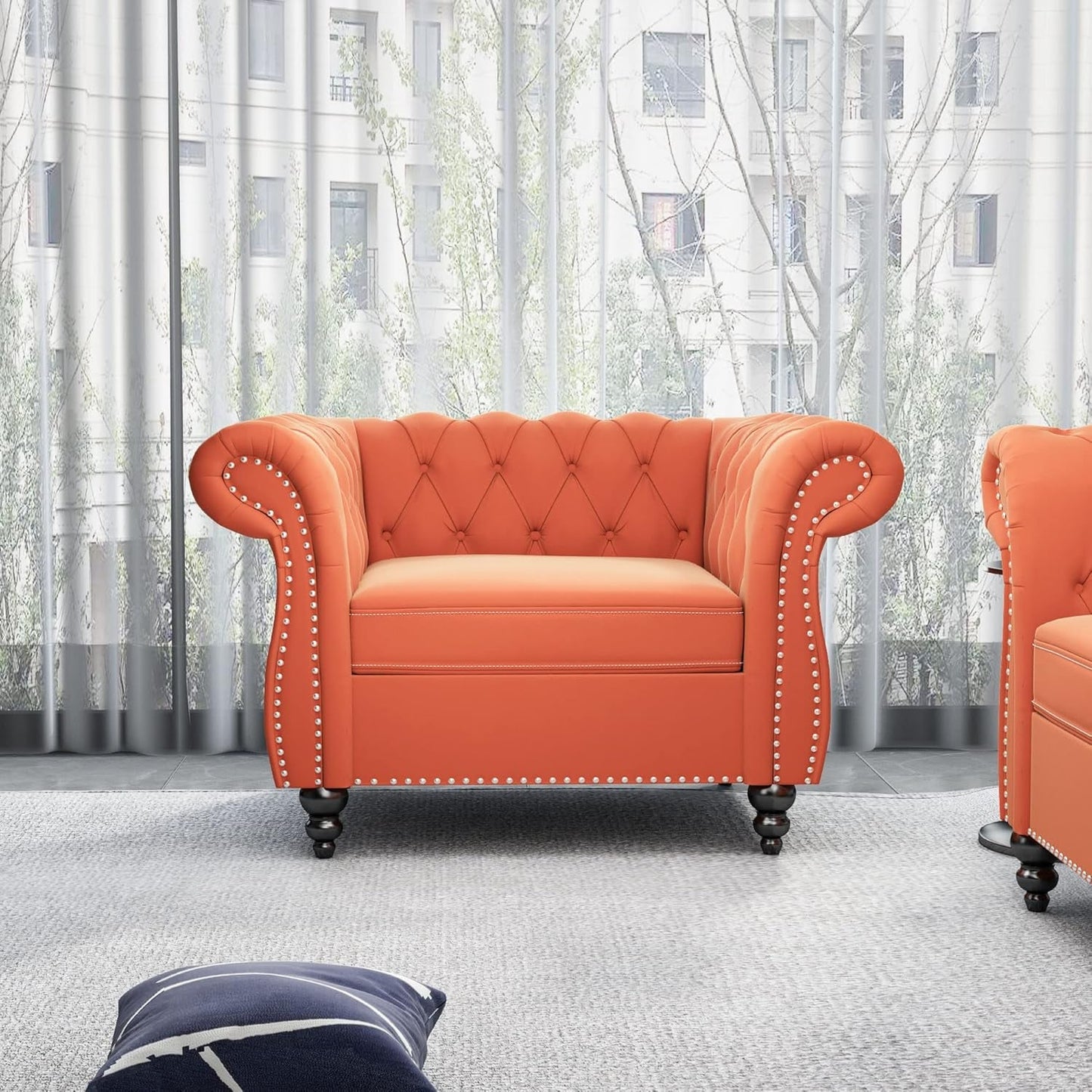3-Piece Living Room Sectional Sofa Set, Upholstered Sofa Modern Sofa Couches Set Style Button Tufted, Velvet Chesterfield Sofa for Living Room Apartment, 1+2+3 Seat Orange