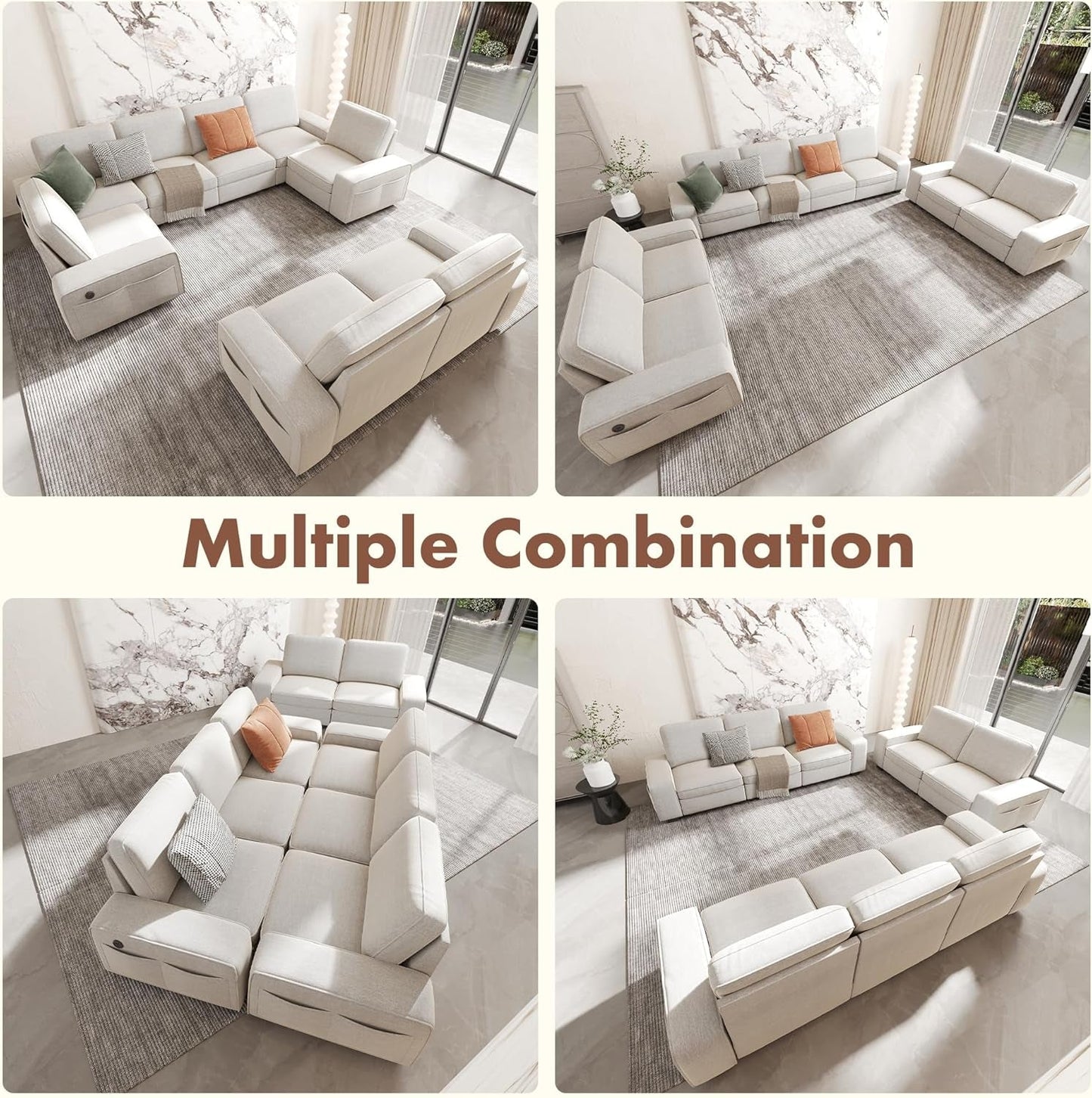Beige U Shape Sectional Sofa for Living Room/Office 8 Seater Sofa Sets with Large Storage Space Comfy Chenille Cover (4-Seat Modular Sofa & 2×Loveseat Couch)