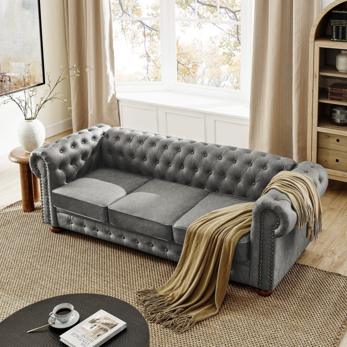 Chesterfield Sofa Tufted  Upholstered PU 3-Seater Sofa Scrolled Arms with Nailhead Decoration, DGY (88.5''x37''x28'')