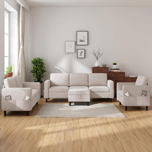 6 Seaters Sectional Upholstered Sofa, Linen Fabric Sofa Couch with Side Pockets, Free Combination Sofa Set with Movable Storage Ottoman, for Living Room-Sofa&Loveseat&Chair&Ottoman,Beige