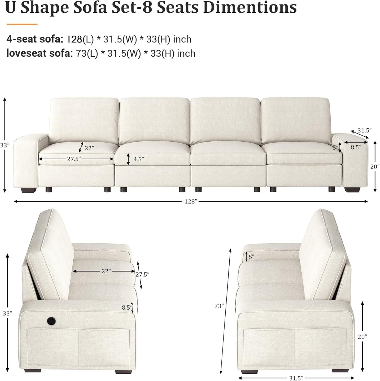 Beige U Shape Sectional Sofa for Living Room/Office 8 Seater Sofa Sets with Large Storage Space Comfy Chenille Cover (4-Seat Modular Sofa & 2×Loveseat Couch)