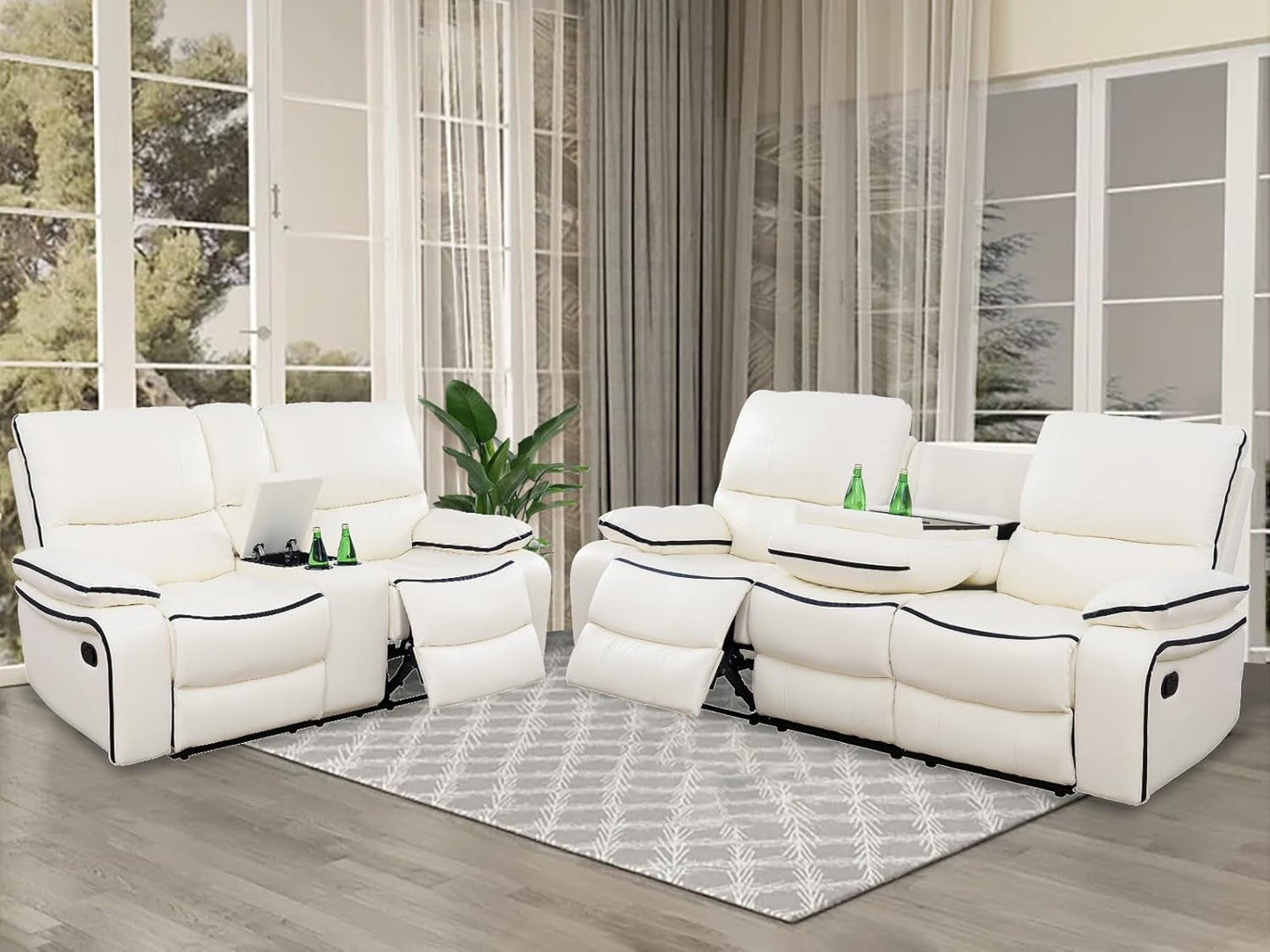 Leather Recliner Sofa Set,Leather Living Room Furniture Set with Storage Console/Cup Holders,Reclining Sofa Set for House/Home Theater(Sofa&Loveseat 2 Pieces，White)