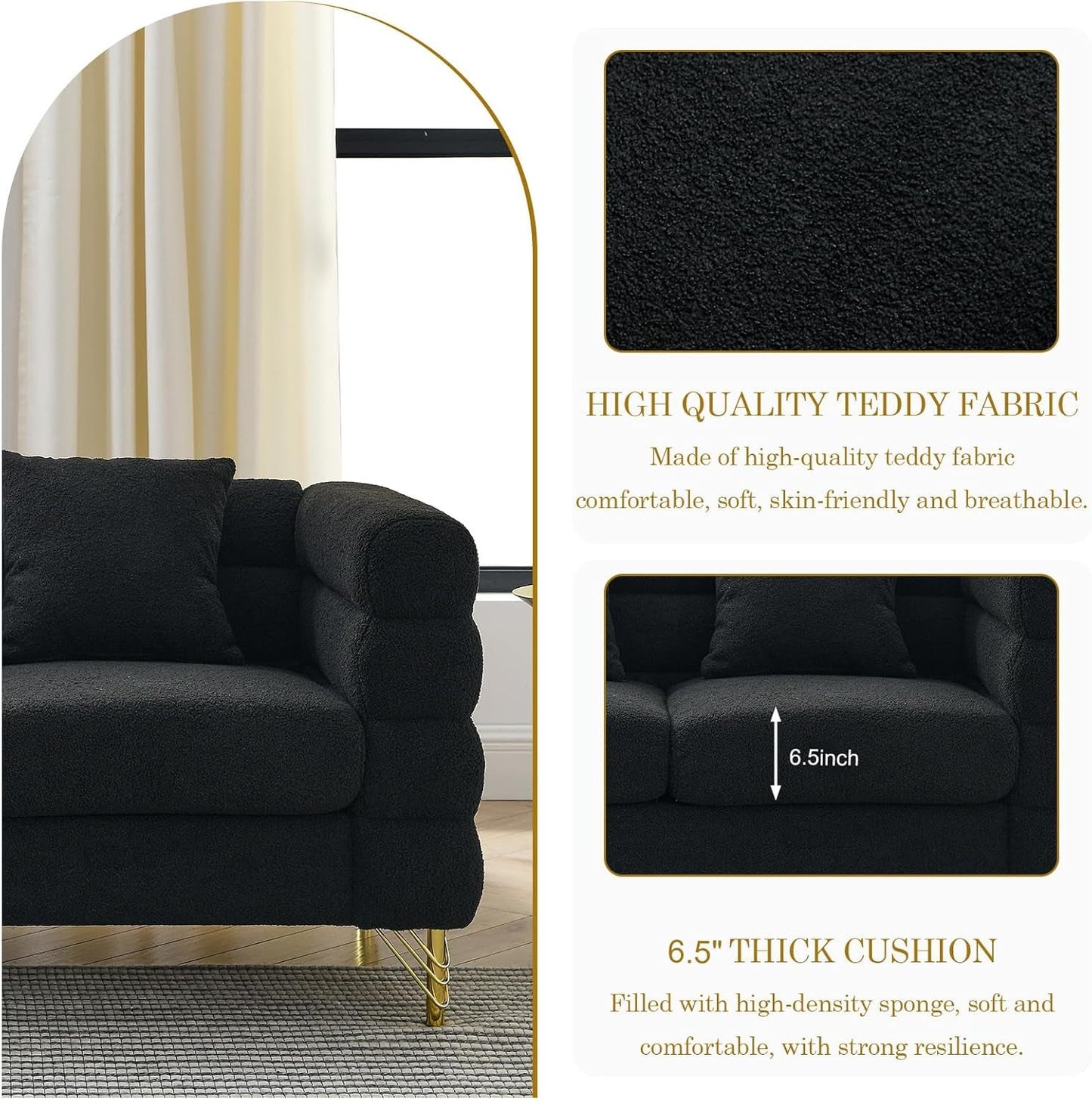 Sofa, 2 Pieces Sofa Set,Oversize 2/3 Seater Extra Deep Seat Sofa,Modern Upholstered Futon Sofa Couch, Comfy Teddy Bouclé Cloud Sofa,Furniture for Living Room,Bedroom,Office,Apartment(Black)