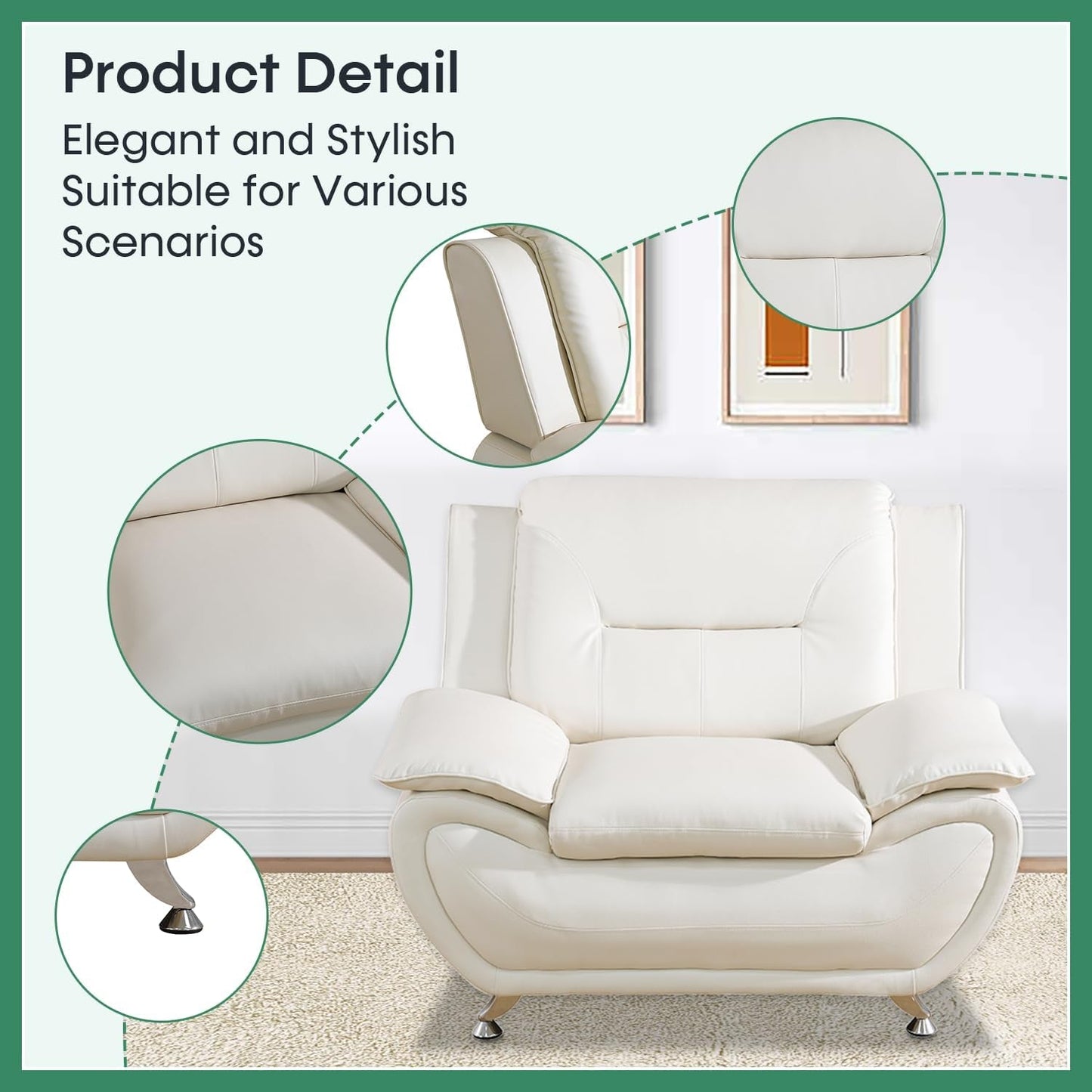 Leather Sofa Set,Leather Sofa Set for Living Room Furniture Sets, Loveseat Sofa with Chair 3-Piece for Living Room/Office/Apartment(White)