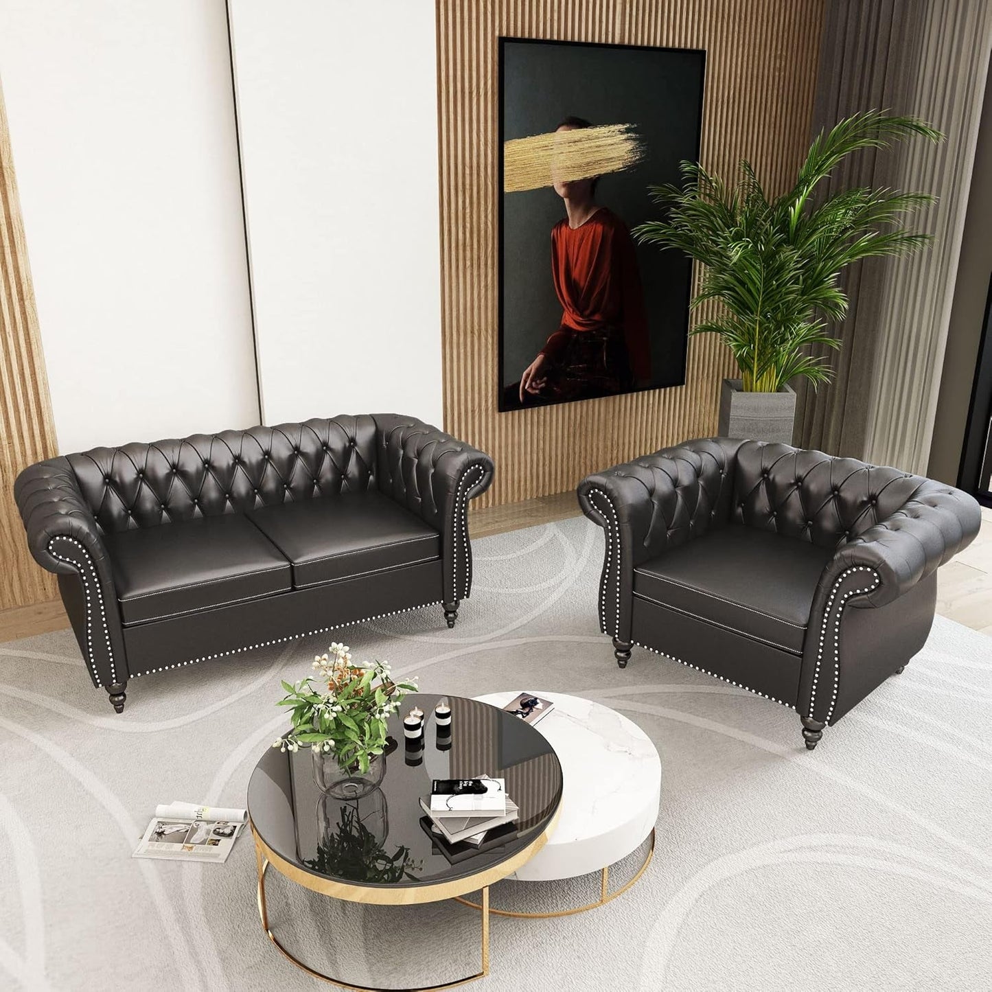Sectional Modular Sofa Couches, PU Leather Modular Sofa Furniture Set Tufted Cushion Suitable for Small Space Configuration Sofa, Office Meeting Room Couch (PU Black, 1-2)