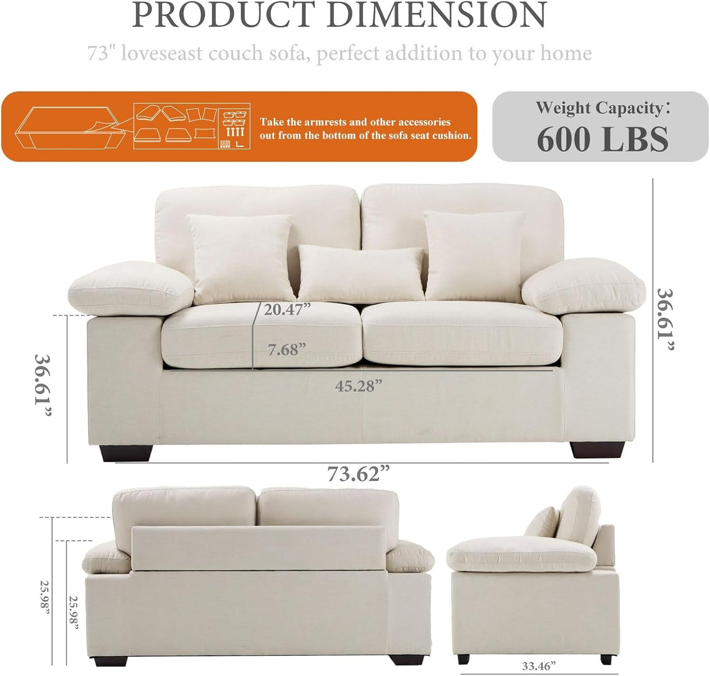 Living Room Loveseat Sofa Couch, 73" Love Seat Couch Sofa, Upholstered Chenille Living Room Sofa with Extra 3 Pillows, Removable Back Cushion-Beige