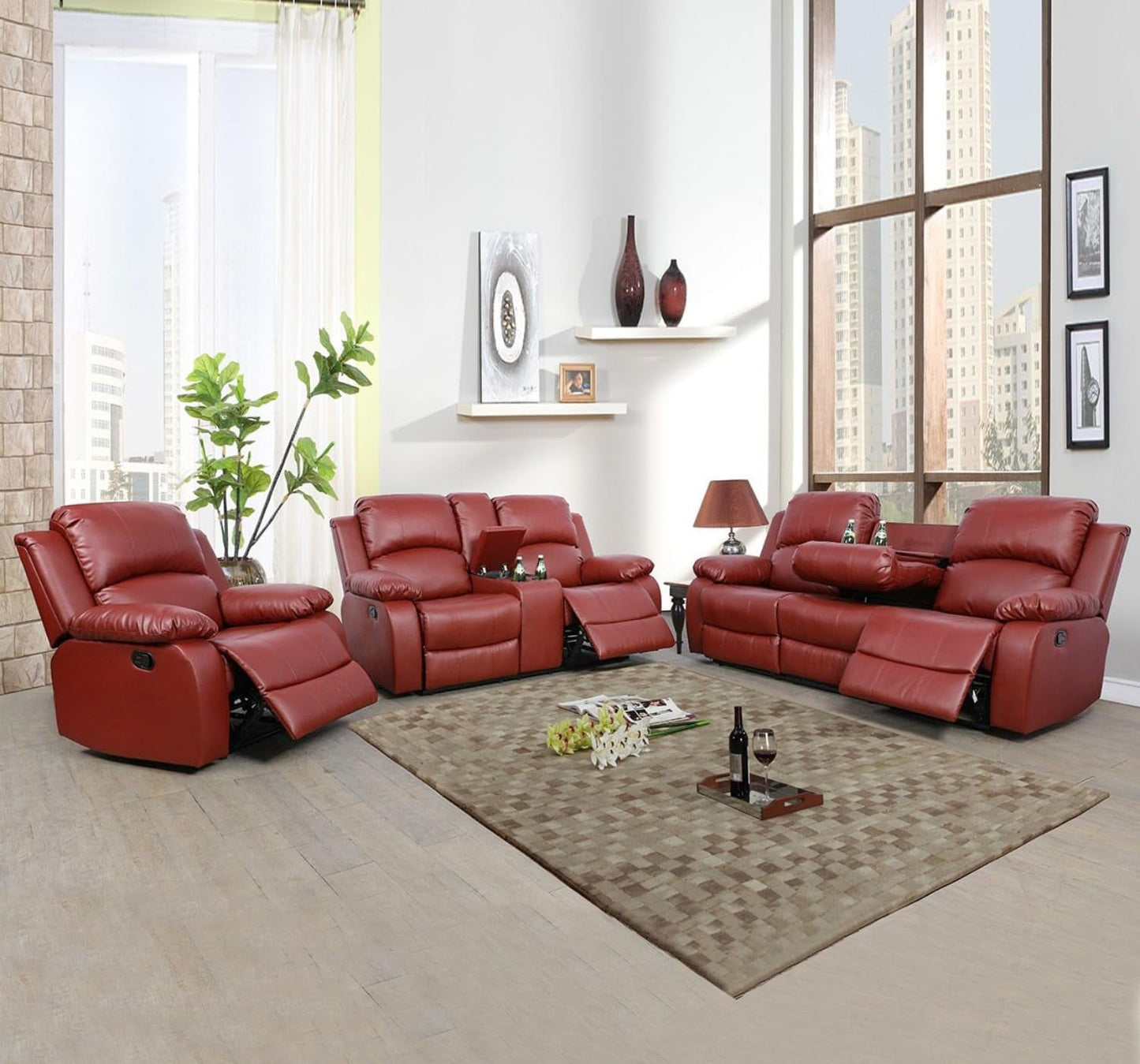 Leather Recliner Sofa Set，Leather Reclining Sofa Set for Living Room Furniture Sets，Red Recliner Couch Set for Living Room/Office/Theater Seating(Sofa Set 3 Pieces)
