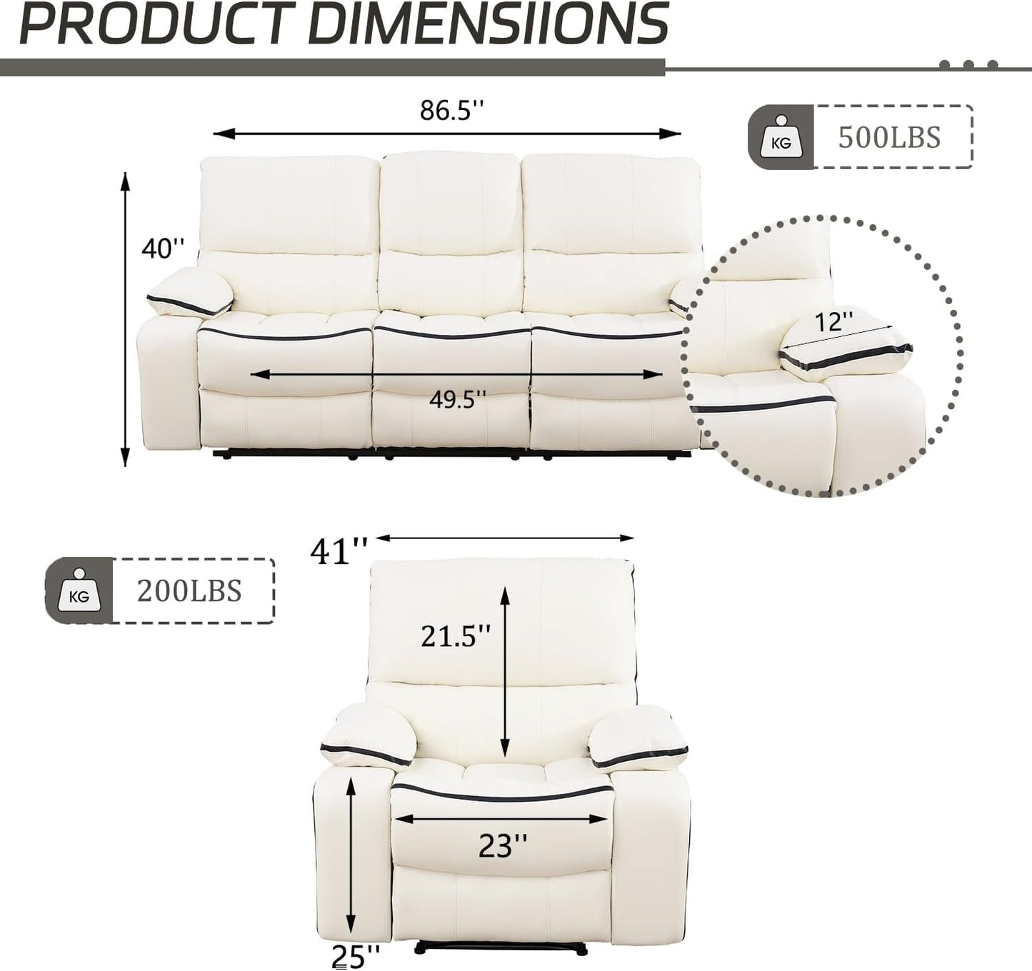 Recliner Sofa Set Bonded Leather, Living Room Furniture Set,Leather Sofa Set Reclining Sofa Manual Recliner Couch (Chair and Sofa Set,Cream White)