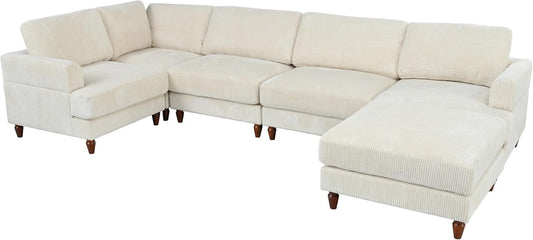 Large Sectional Sofa Couch with Ottoman for Living Room, L Shaped Corduroy Fabric Sofa Couch, 98" L Modular Corner Sectional Sofa for Spacious Space Office, Beige