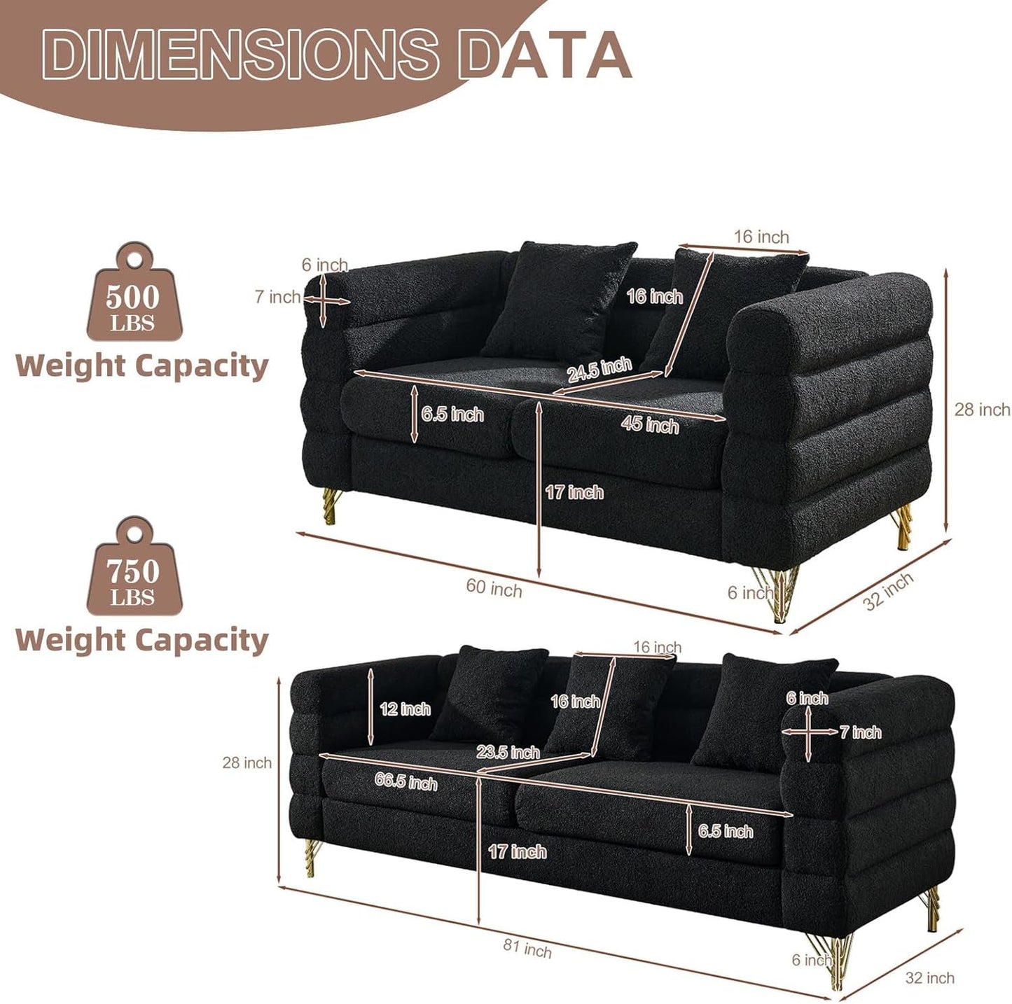 Sofa, 2 Pieces Sofa Set,Oversize 2/3 Seater Extra Deep Seat Sofa,Modern Upholstered Futon Sofa Couch, Comfy Teddy Bouclé Cloud Sofa,Furniture for Living Room,Bedroom,Office,Apartment(Black)