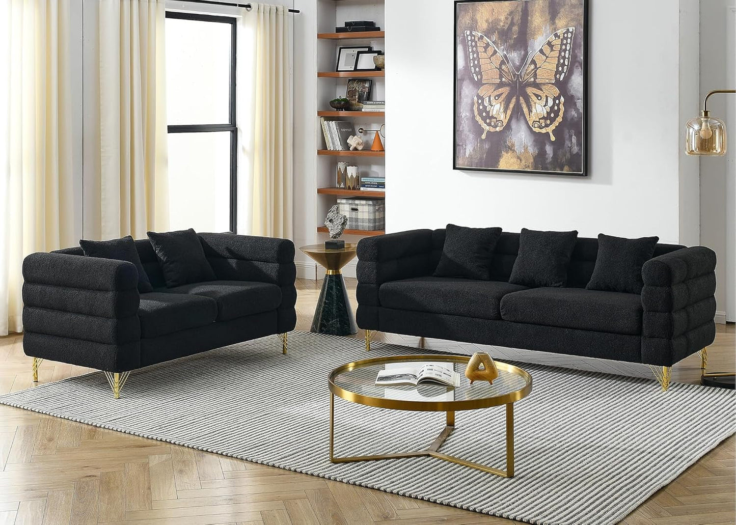 Sofa, 2 Pieces Sofa Set,Oversize 2/3 Seater Extra Deep Seat Sofa,Modern Upholstered Futon Sofa Couch, Comfy Teddy Bouclé Cloud Sofa,Furniture for Living Room,Bedroom,Office,Apartment(Black)