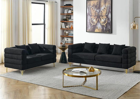 Sofa, 2 Pieces Sofa Set,Oversize 2/3 Seater Extra Deep Seat Sofa,Modern Upholstered Futon Sofa Couch, Comfy Teddy Bouclé Cloud Sofa,Furniture for Living Room,Bedroom,Office,Apartment(Black)