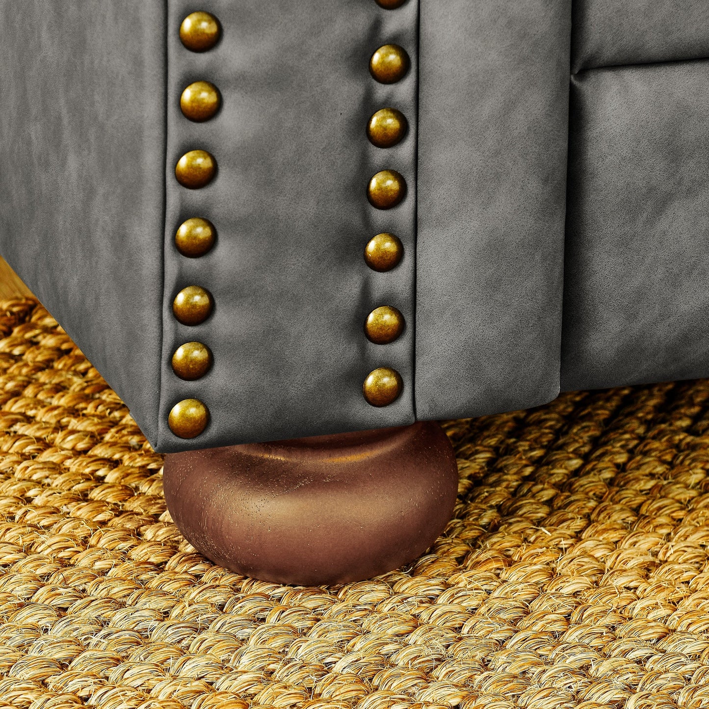 Chesterfield Sofa Tufted  Upholstered PU 3-Seater Sofa Scrolled Arms with Nailhead Decoration, DGY (88.5''x37''x28'')