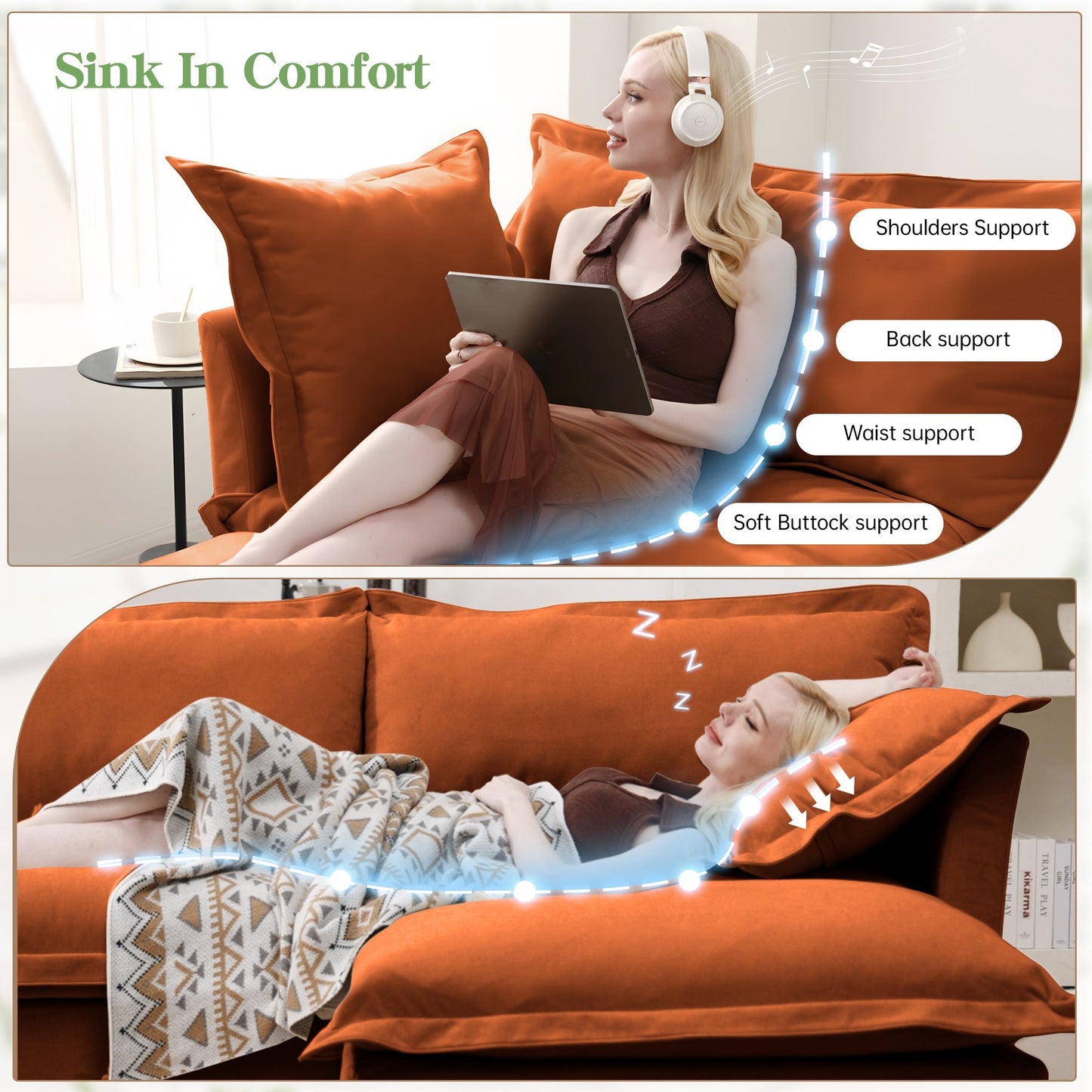 Slipcovered Sofa Couch, Modern 3 Seater Sofa with Suppleness Armrests, Chenille Fleece Deep Seat Sofa with Soft Multiple Big Pillows, Comfy Couch for Living Room, Apartment,Chenille Fabric, Orange