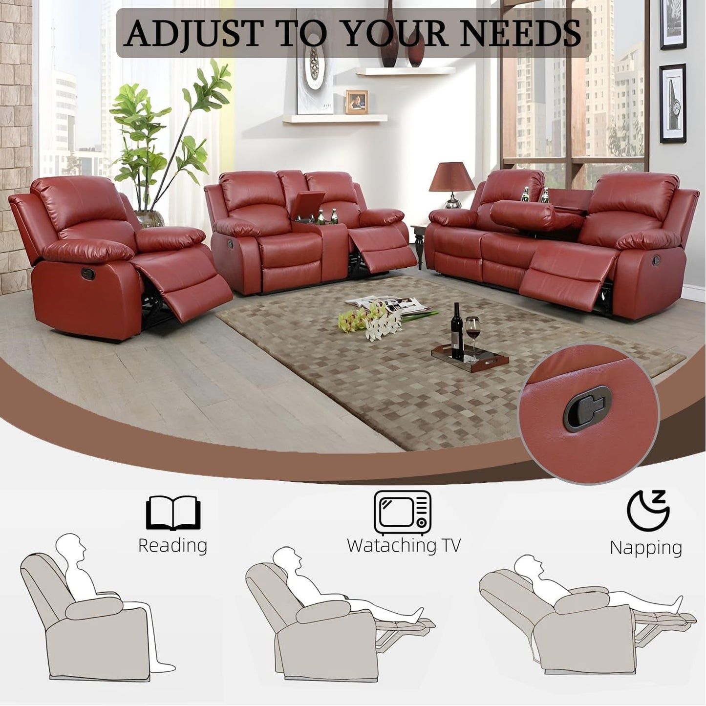 Leather Recliner Sofa Set，Leather Reclining Sofa Set for Living Room Furniture Sets，Red Recliner Couch Set for Living Room/Office/Theater Seating(Sofa Set 3 Pieces)