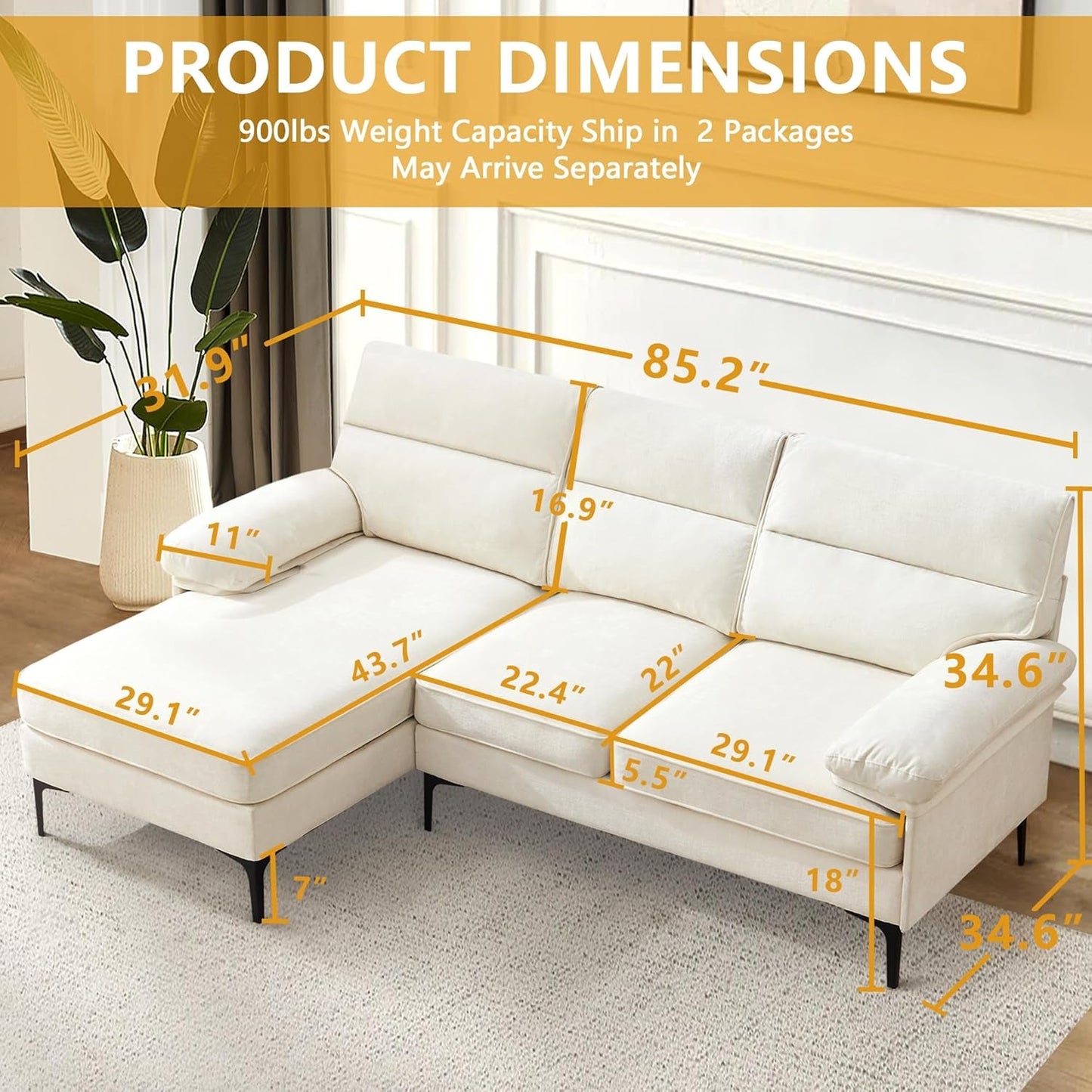 85” Convertible Sectional Sofa Couch, 3 Seat Sofa for Living Room L-Shaped Modern Chenille Fabric Modular Sofa Reversible Wide Chaise & Fluffy Armrests for Apartment (Beige)