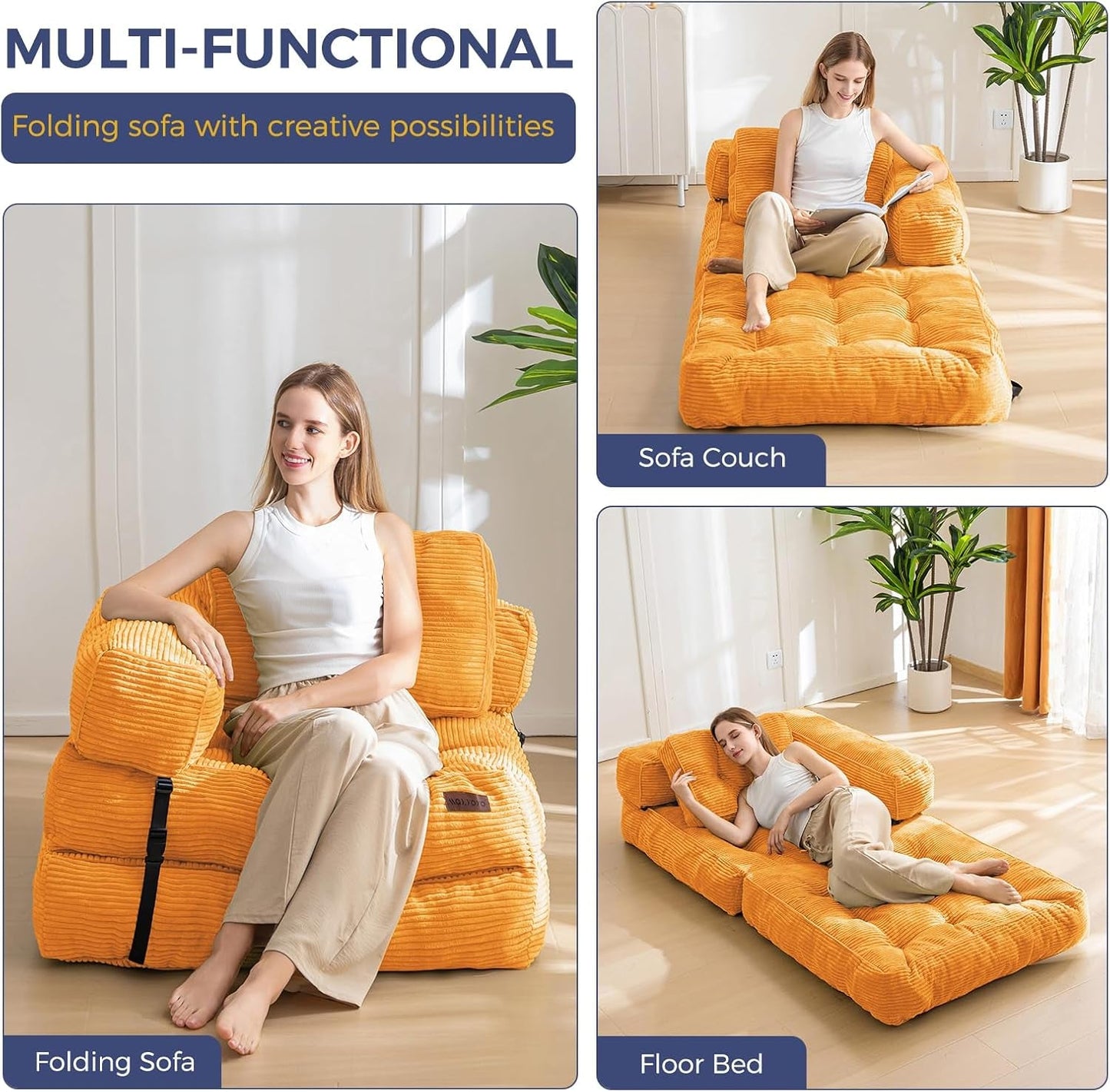 Folding Sofa Bed, L-Shaped Convertible Sofa Bed with Armrest Foldable Sleeper Sofa with Pillow, Portable Fold Out Chair Bed Comfy Floor Sofa Lounge for Living Room Bedroom, Orange