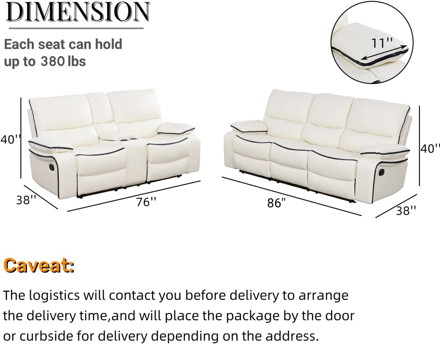 Leather Recliner Sofa Set,Leather Living Room Furniture Set with Storage Console/Cup Holders,Reclining Sofa Set for House/Home Theater(Sofa&Loveseat 2 Pieces，White)