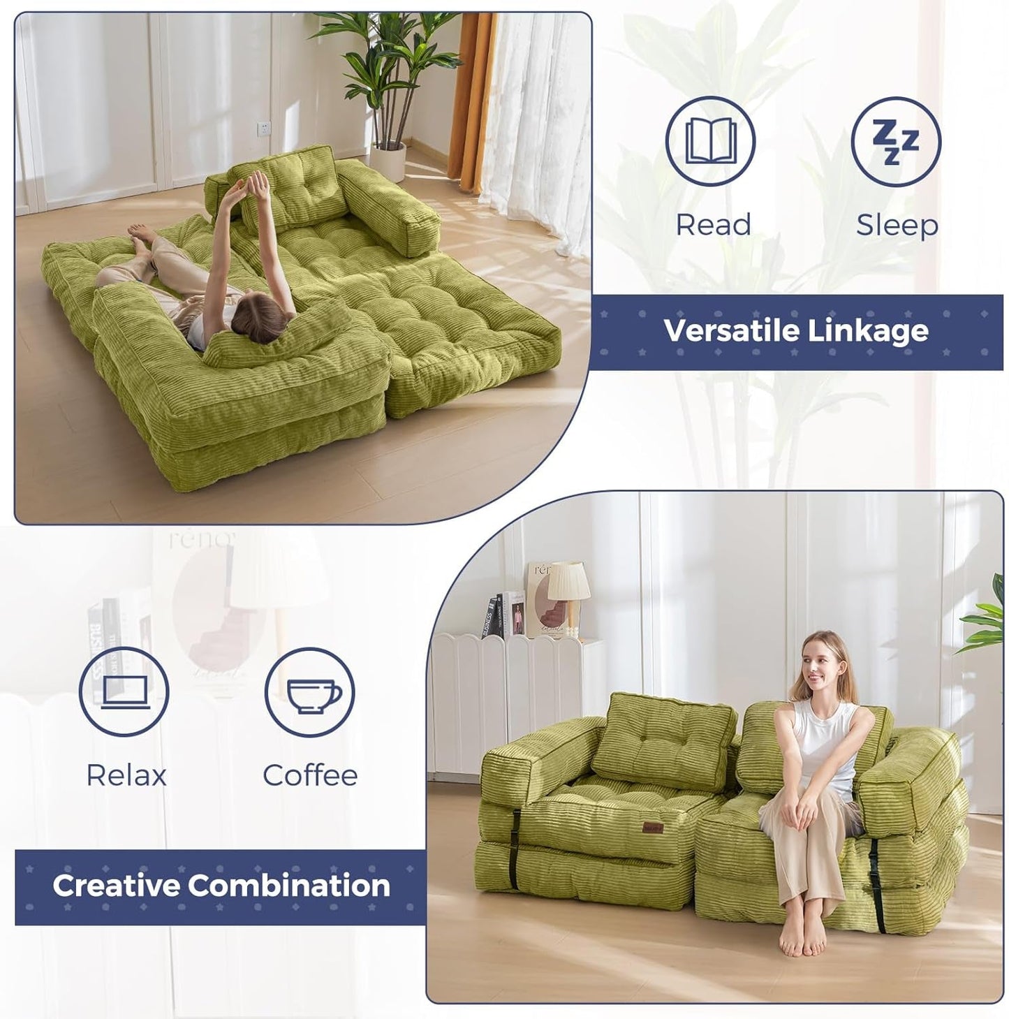 Folding Sofa Bed, L-Shaped Convertible Sofa Bed with Armrest Foldable Sleeper Sofa with Pillow, Portable Fold Out Chair Bed Comfy Floor Sofa Lounge for Living Room Bedroom, Green