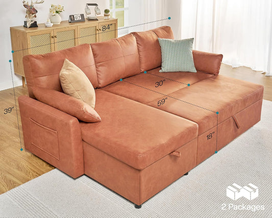 Sleeper Sofa, Sofa Bed- 2 in 1 Pull Out Couch Bed with Storage Chaise, Sofa Sleeper Couch for Living Room, Brown Leathaire Sofa