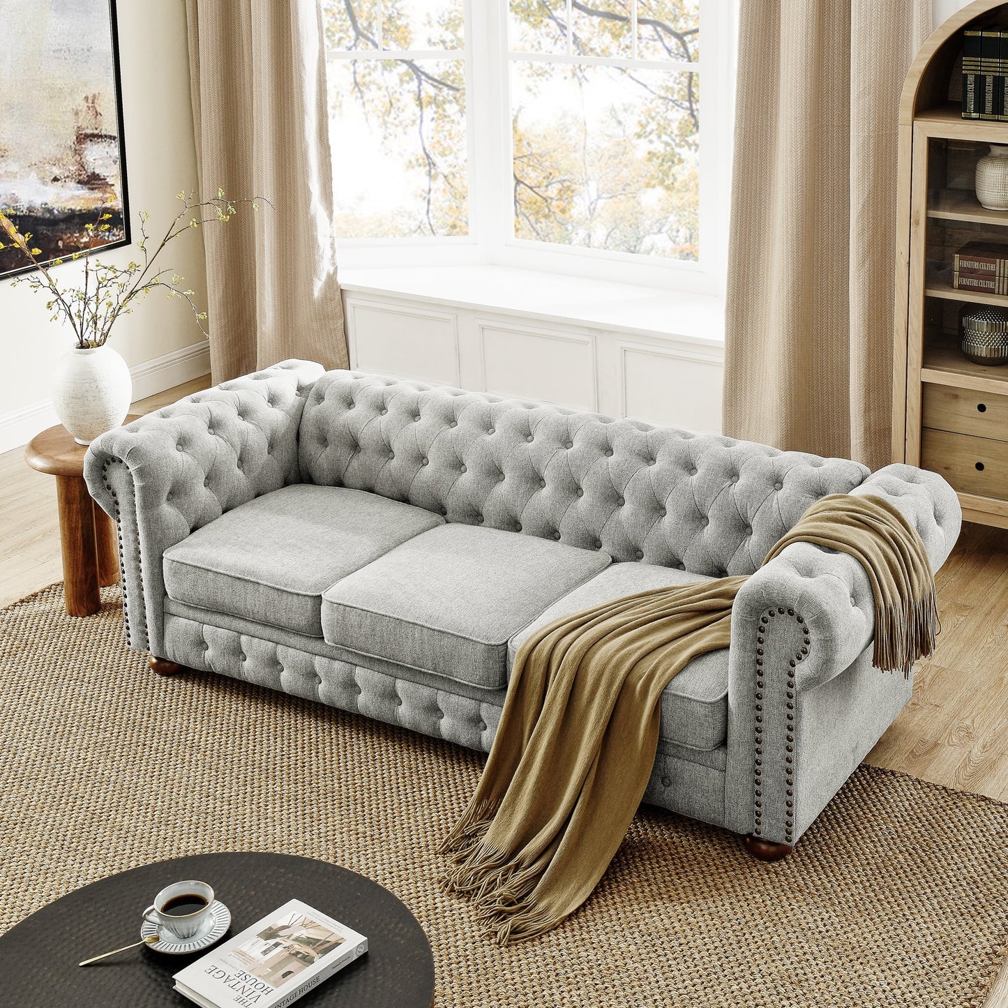 Chesterfield Sofa Tufted Linen Upholstered 3-Seater Sofa Scrolled Arms with Nailhead Decoration, Gray (88.5''x37''x28'')