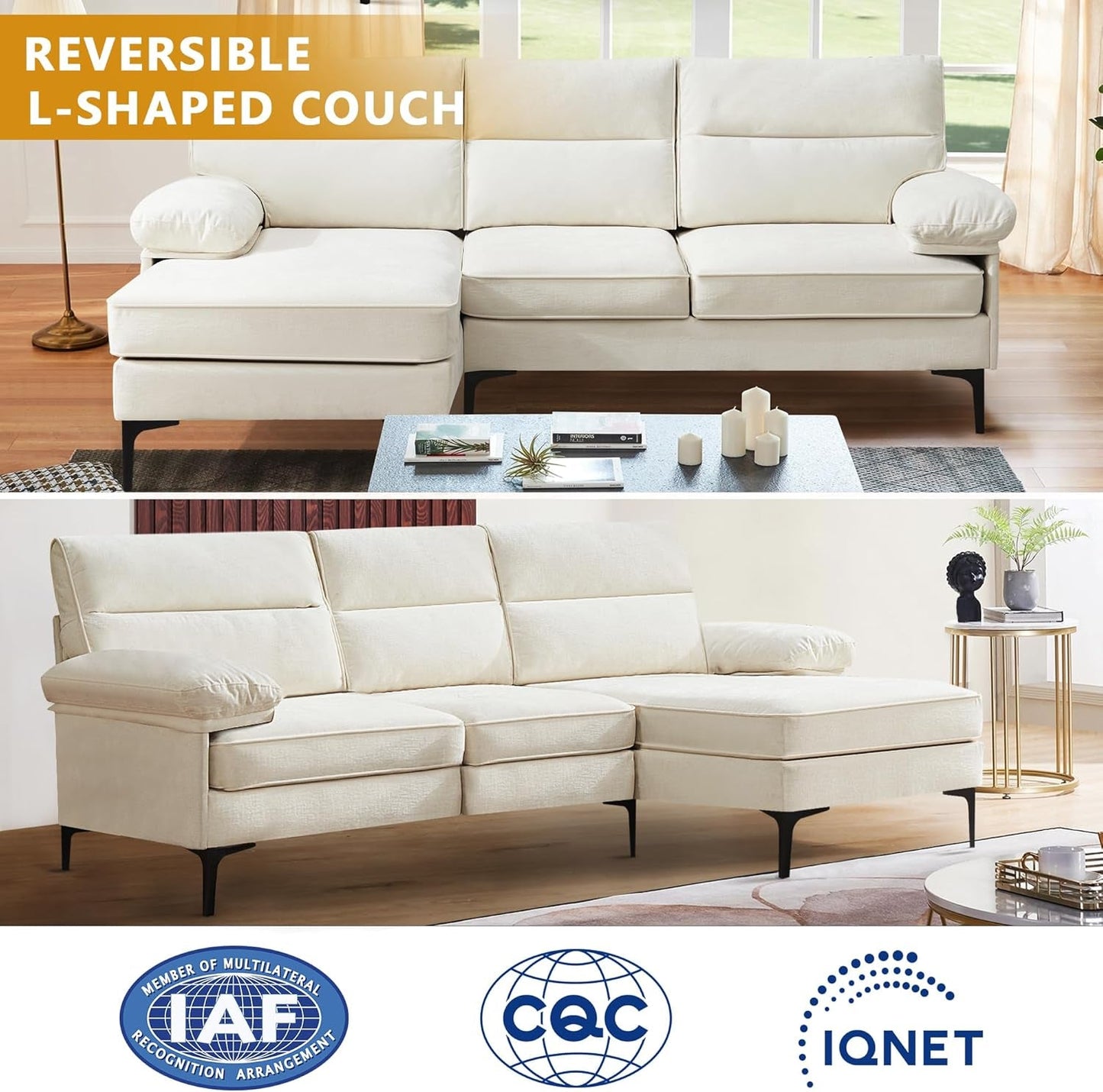 85” Convertible Sectional Sofa Couch, 3 Seat Sofa for Living Room L-Shaped Modern Chenille Fabric Modular Sofa Reversible Wide Chaise & Fluffy Armrests for Apartment (Beige)
