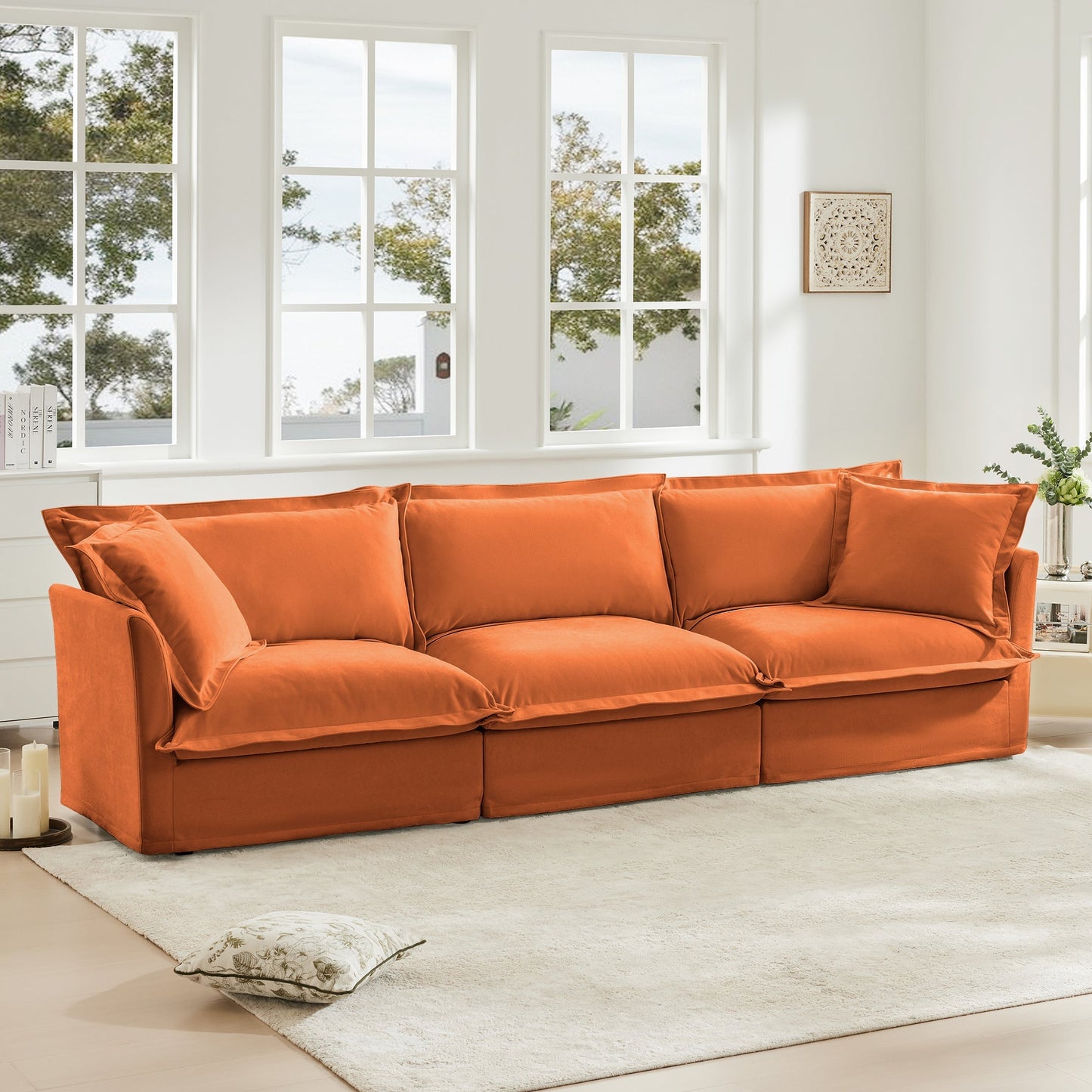 Slipcovered Sofa Couch, Modern 3 Seater Sofa with Suppleness Armrests, Chenille Fleece Deep Seat Sofa with Soft Multiple Big Pillows, Comfy Couch for Living Room, Apartment,Chenille Fabric, Orange