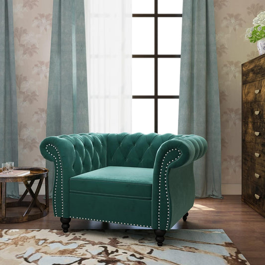3-Piece Living Room Sectional Sofa Set, Green Velvet Couch Upholstered Sofa Modern Sofa Couches Set Style Button Tufted, Velvet Chesterfield Sofa for Living Room Apartment, 1+2+3 Seat Green