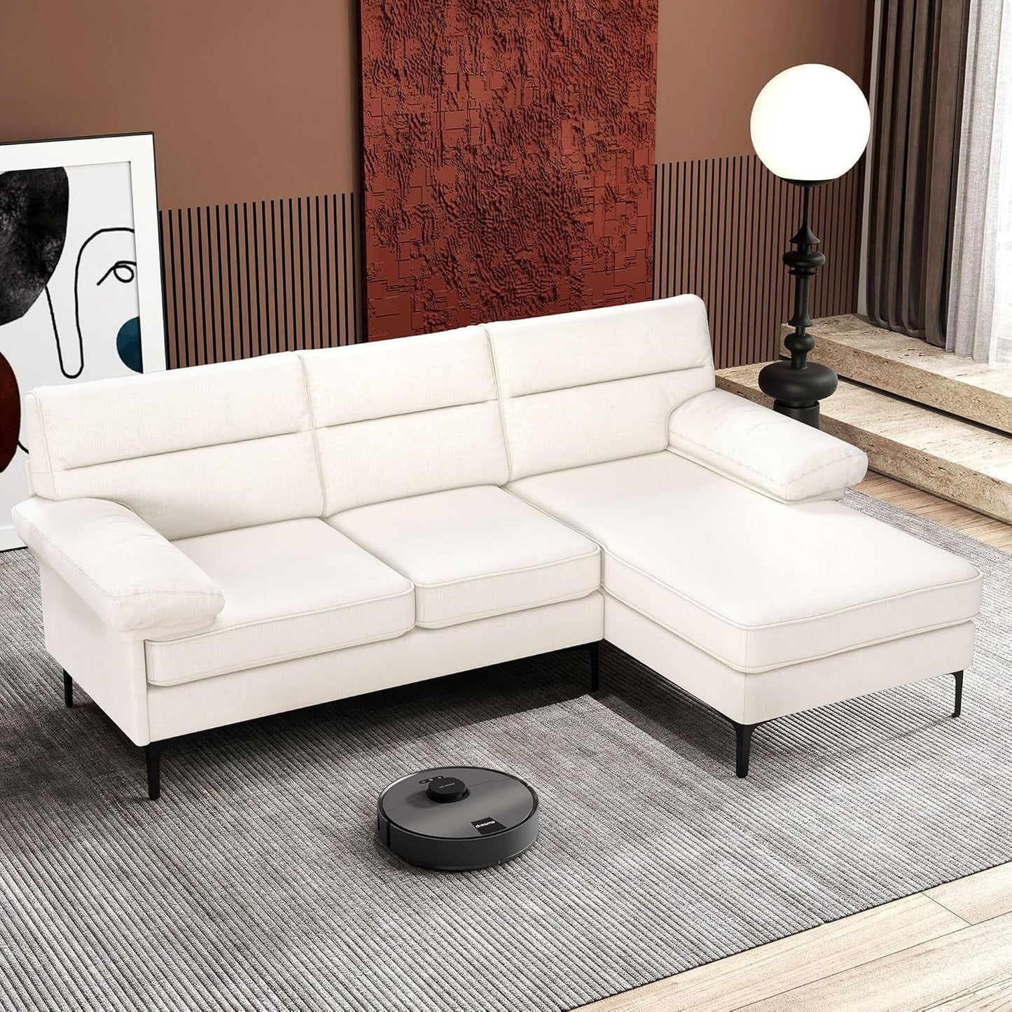 85” Convertible Sectional Sofa Couch, 3 Seat Sofa for Living Room L-Shaped Modern Chenille Fabric Modular Sofa Reversible Wide Chaise & Fluffy Armrests for Apartment (Beige)