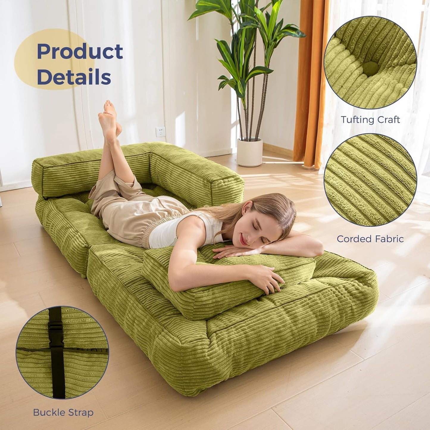Folding Sofa Bed, L-Shaped Convertible Sofa Bed with Armrest Foldable Sleeper Sofa with Pillow, Portable Fold Out Chair Bed Comfy Floor Sofa Lounge for Living Room Bedroom, Green