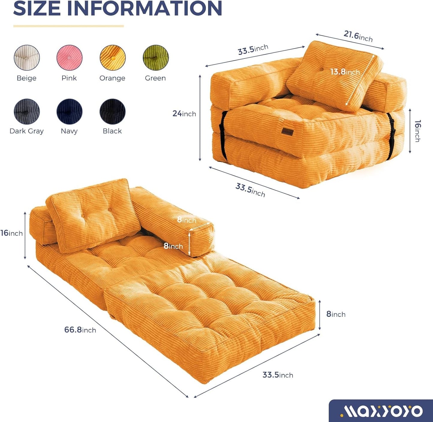 Folding Sofa Bed, L-Shaped Convertible Sofa Bed with Armrest Foldable Sleeper Sofa with Pillow, Portable Fold Out Chair Bed Comfy Floor Sofa Lounge for Living Room Bedroom, Orange