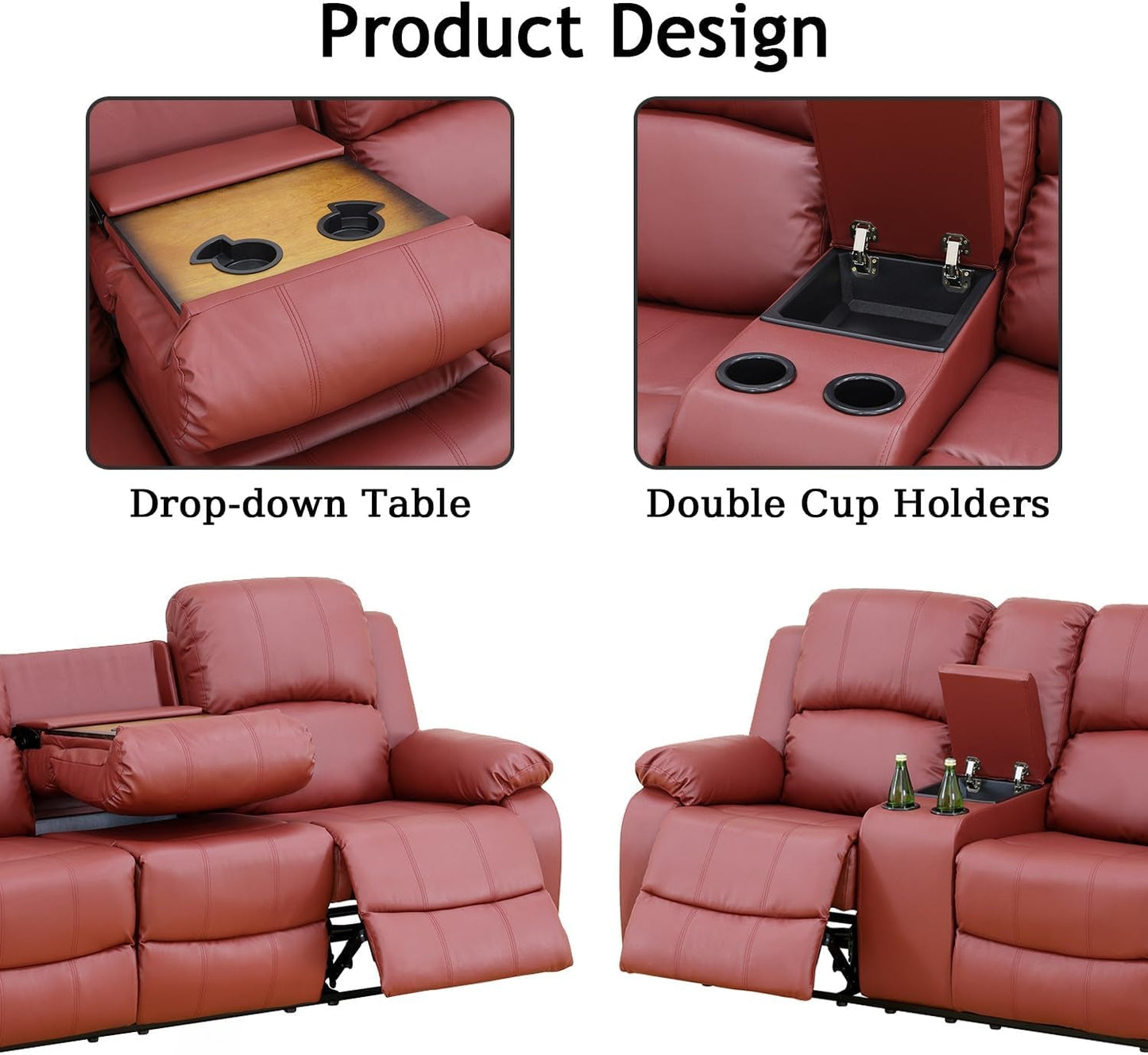 Leather Recliner Sofa Set，Leather Reclining Sofa Set for Living Room Furniture Sets，Red Recliner Couch Set for Living Room/Office/Theater Seating(Sofa Set 3 Pieces)