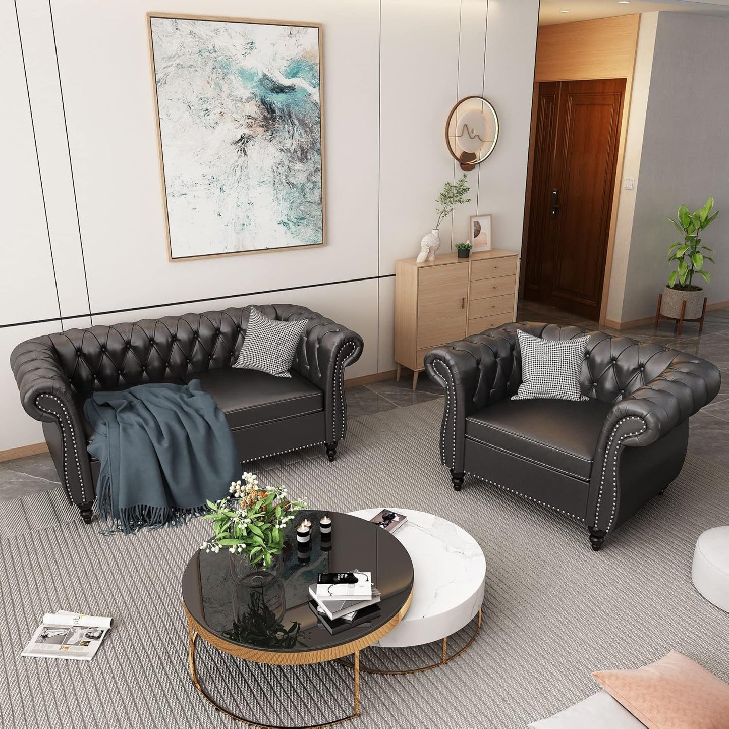 Sectional Modular Sofa Couches, PU Leather Modular Sofa Furniture Set Tufted Cushion Suitable for Small Space Configuration Sofa, Office Meeting Room Couch (PU Black, 1-2)