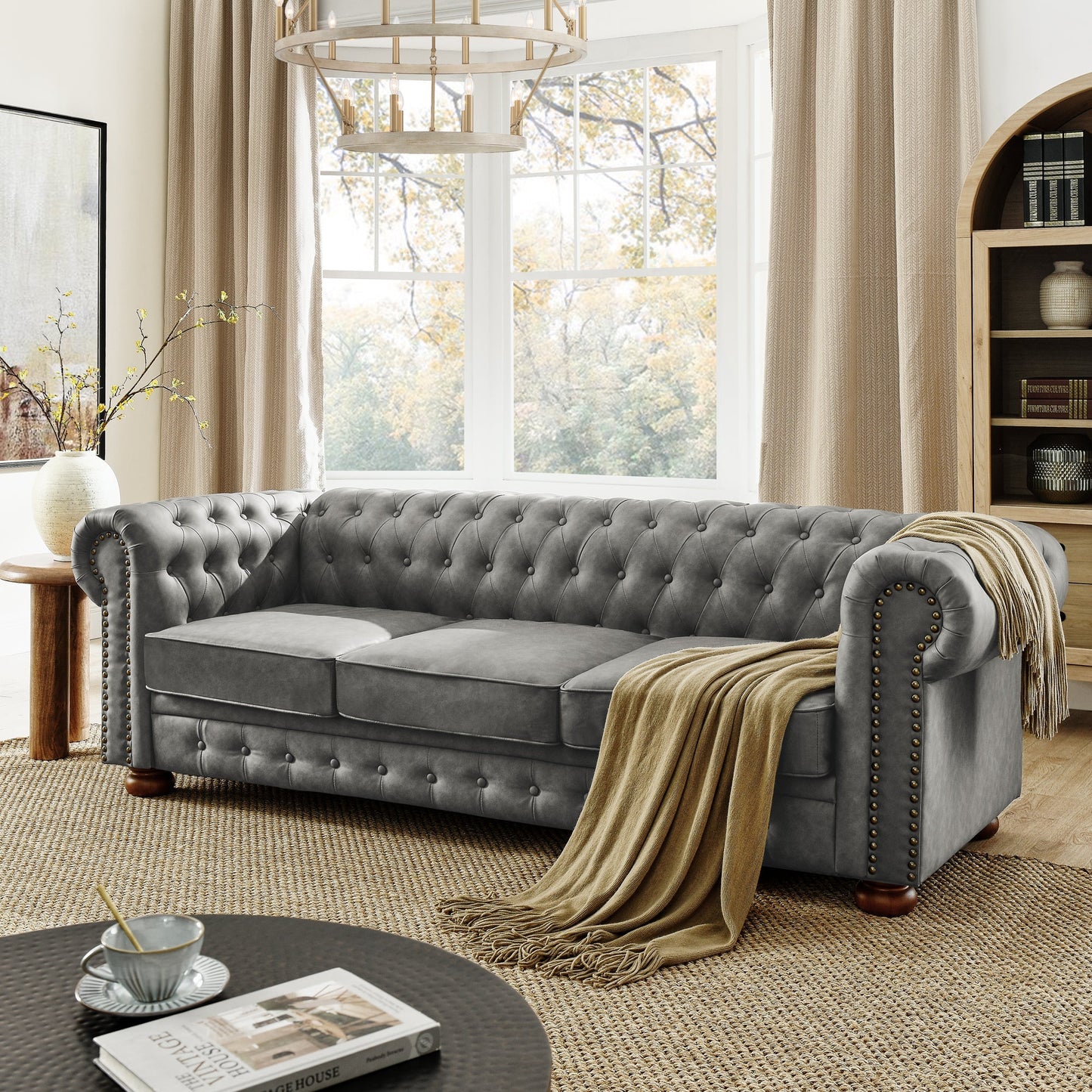 Chesterfield Sofa Tufted  Upholstered PU 3-Seater Sofa Scrolled Arms with Nailhead Decoration, DGY (88.5''x37''x28'')