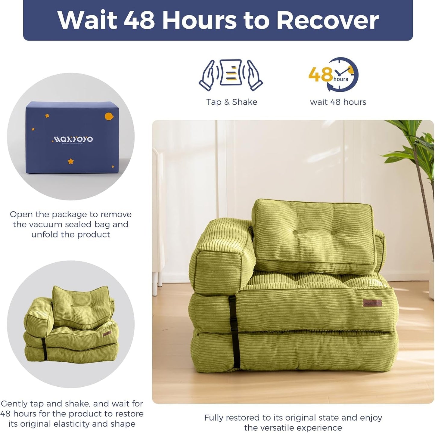 Folding Sofa Bed, L-Shaped Convertible Sofa Bed with Armrest Foldable Sleeper Sofa with Pillow, Portable Fold Out Chair Bed Comfy Floor Sofa Lounge for Living Room Bedroom, Green