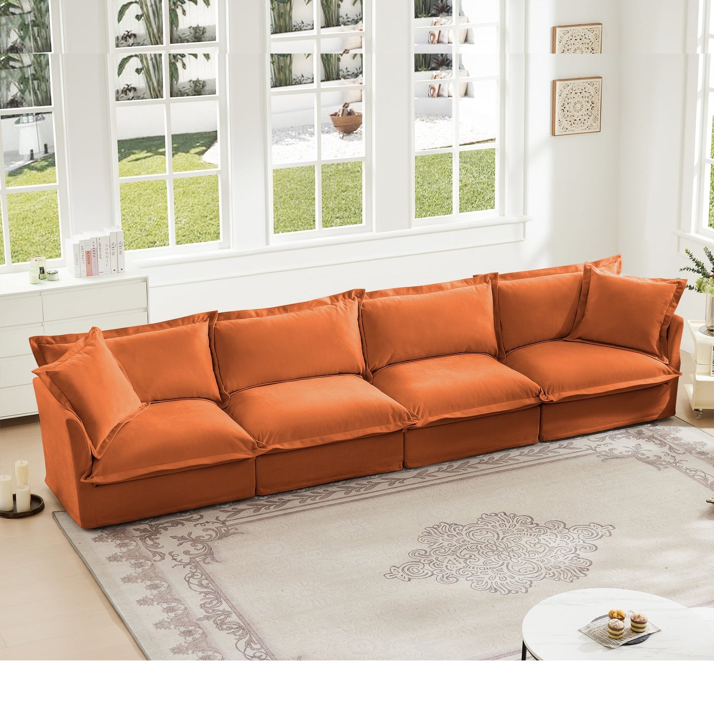 Slipcovered Long Sofa, 4 Seater Sofa with Removable Cover, Extra Deep Couch for Living Room, ,Chenille Fabric Cloud Like Comfy Sofa Couch, Orange Chenille Fabric