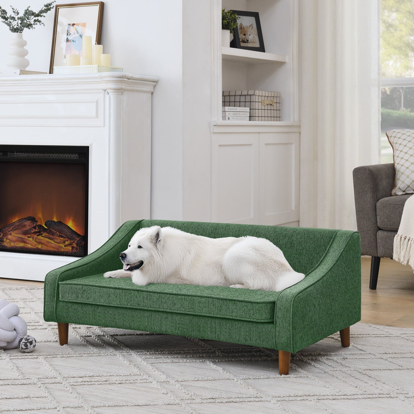 Modern Durable Elevated Dog Sofa Bed with Irregular Armrest Design, Comfortable Soft Green Pet Sofa, Foam Material