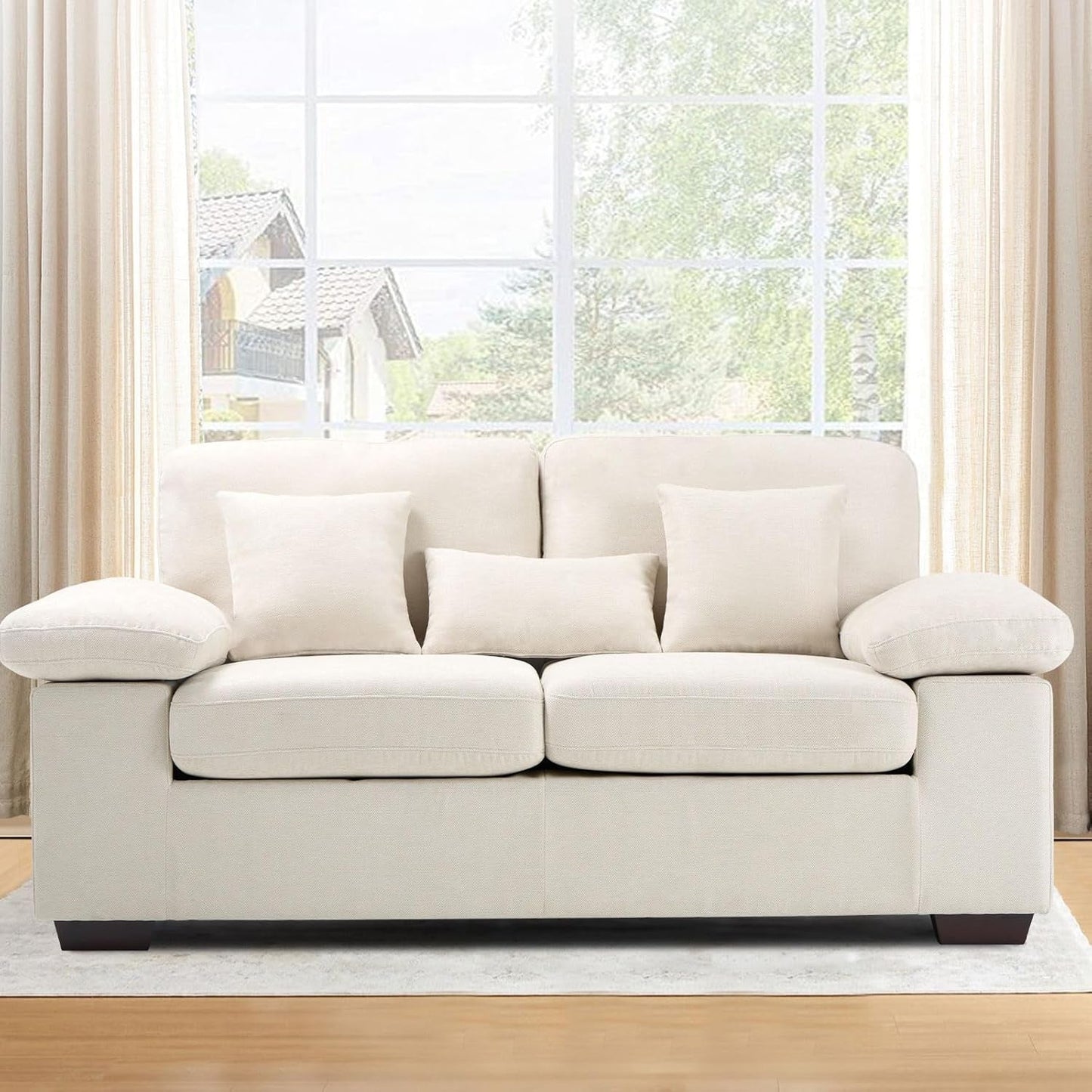 Living Room Loveseat Sofa Couch, 73" Love Seat Couch Sofa, Upholstered Chenille Living Room Sofa with Extra 3 Pillows, Removable Back Cushion-Beige