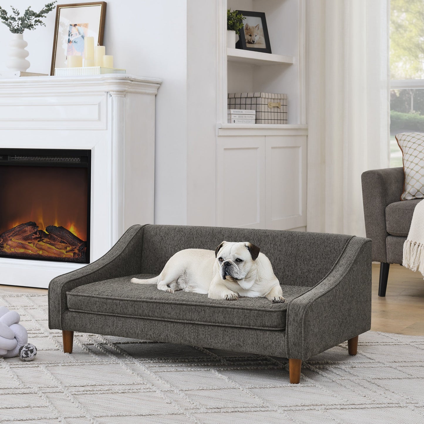 Durable Elevated Dog Sofa Bed with Modern Irregular Armrest Design, Comfortable Soft Pet Sofa - Dark Gray