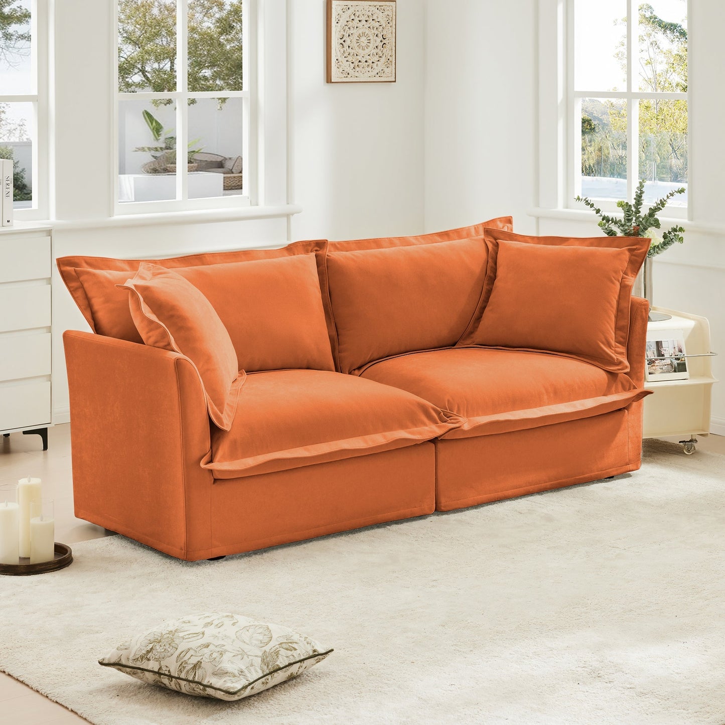 Modern Slipcovered 2-Seat Sofa Couches for Living Room, 2 Seater Sofa, Plain Chenille Deep Seat Sofa with Upholstered Cushion&Detachable Cover, Comfy Sofa Couch for Small Space, Apartment,Orange