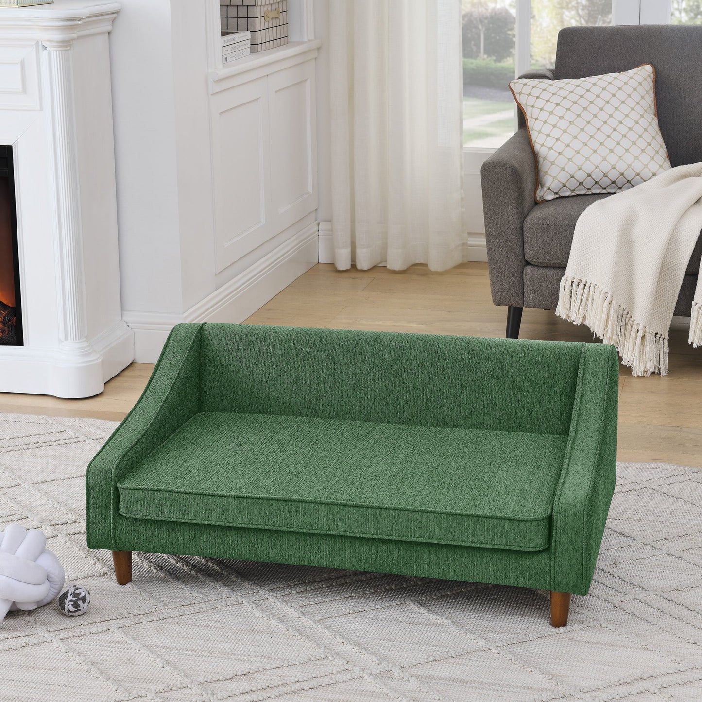 Modern Durable Elevated Dog Sofa Bed with Irregular Armrest Design, Comfortable Soft Green Pet Sofa, Foam Material
