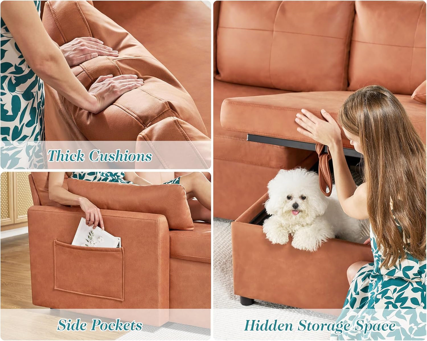 Sleeper Sofa, Sofa Bed- 2 in 1 Pull Out Couch Bed with Storage Chaise, Sofa Sleeper Couch for Living Room, Brown Leathaire Sofa