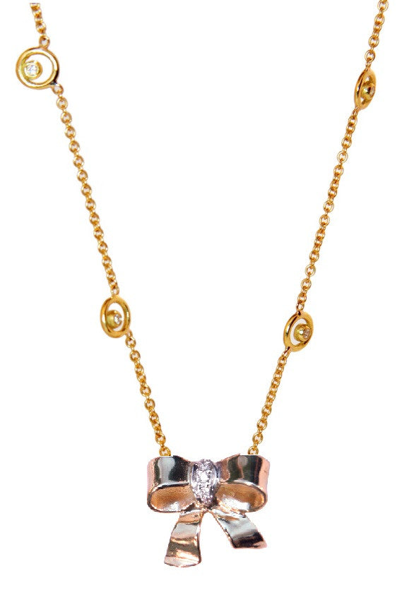 Bow Necklace-Sterling Silver with diamonds on Karma chain with diamond dots