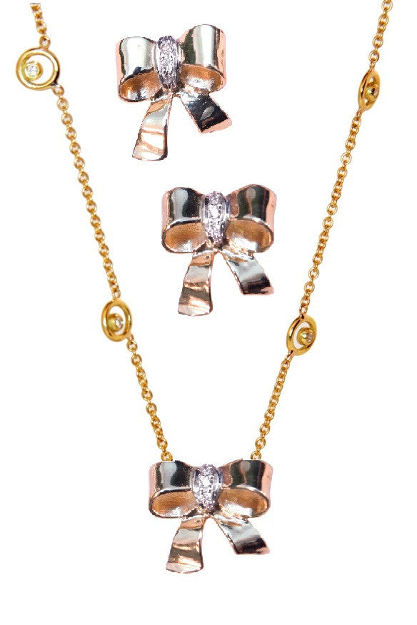 Bow Necklace-Sterling Silver with diamonds on Karma chain with diamond dots