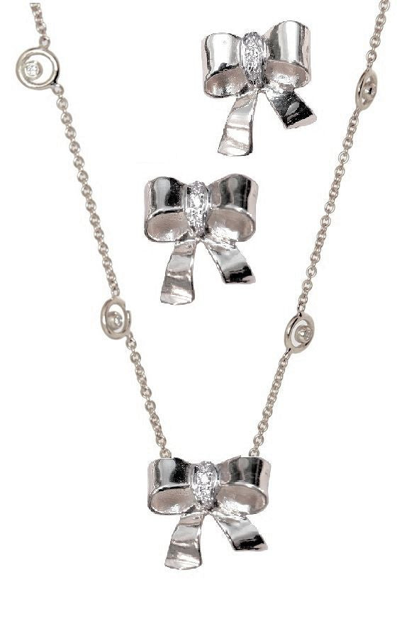 Bow Necklace-Sterling Silver with diamonds on Karma chain with diamond dots