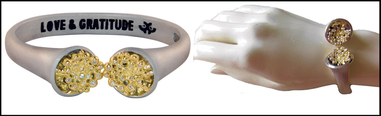 Bowl of Overflowing Diamonds Bracelet. Sterling cuff with 18K gold dots of diamonds