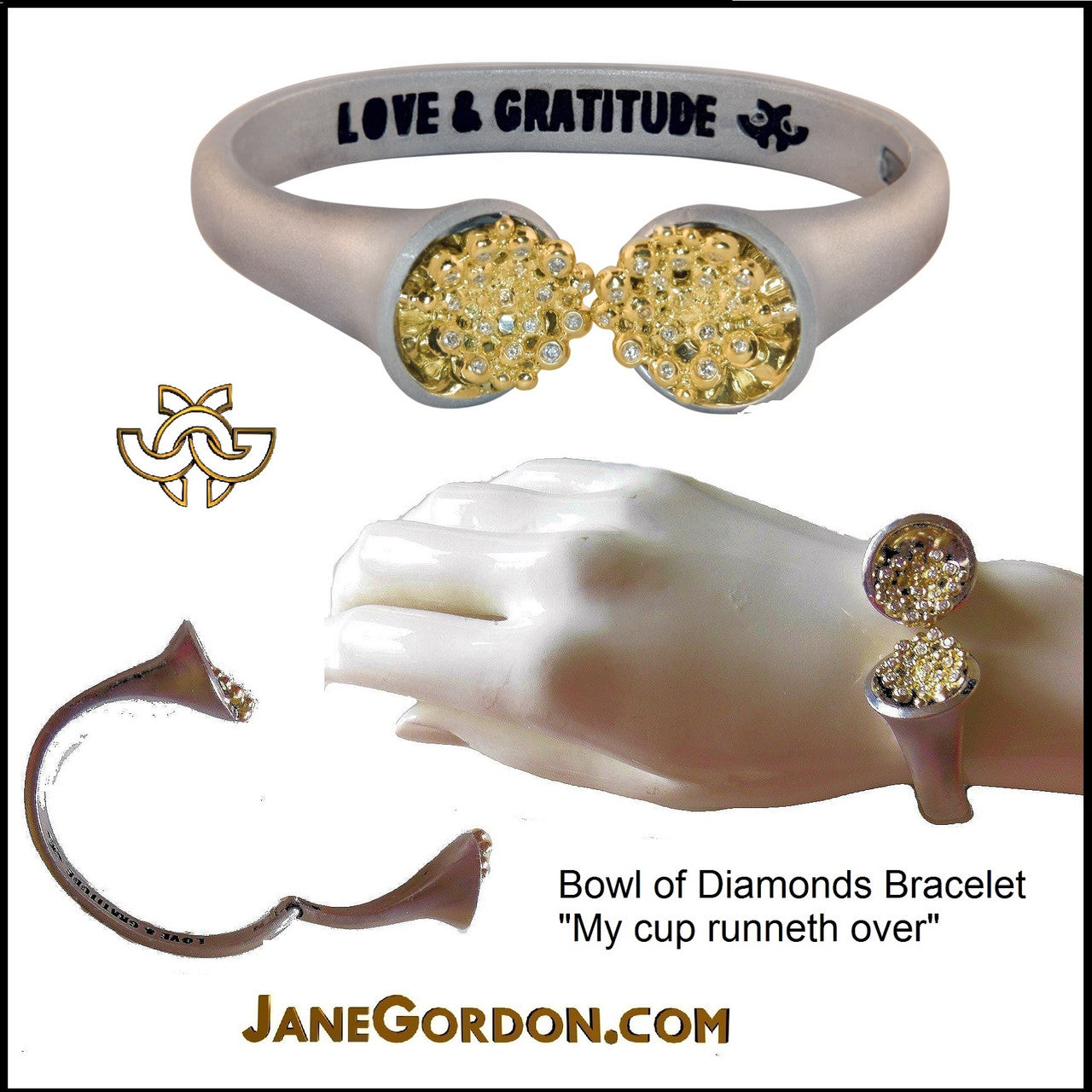 Bowl of Overflowing Diamonds Bracelet. Sterling cuff with 18K gold dots of diamonds