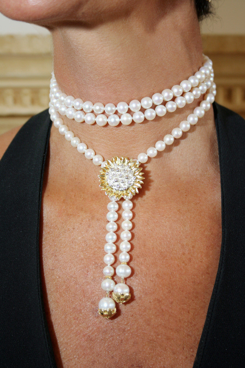 Pearl Lariat-Flower tips in sterling silver or gold plate-4