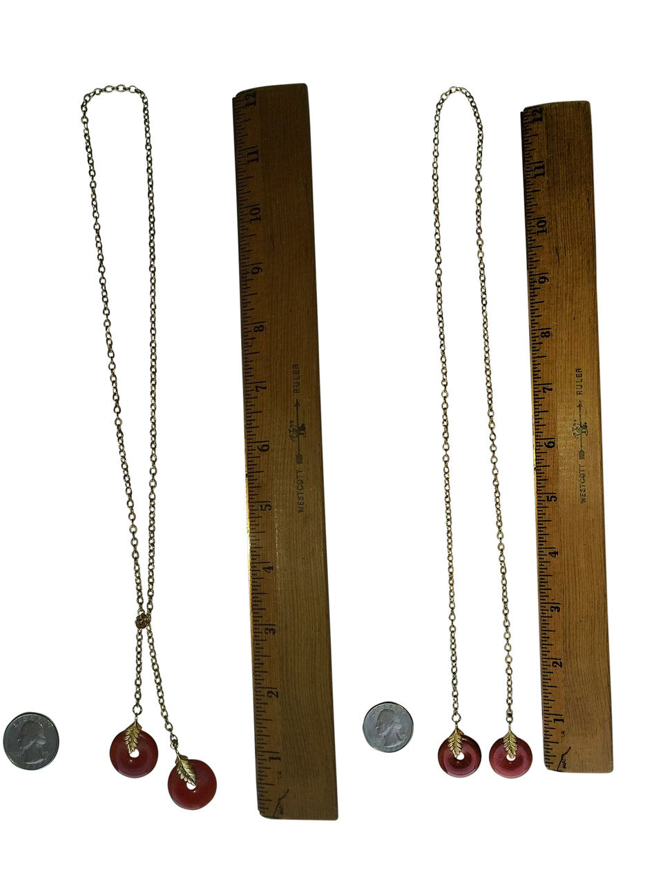 Lariat Necklace: Orange Carnelian Discs with Leaves on 24" Gold Colored Chain-2